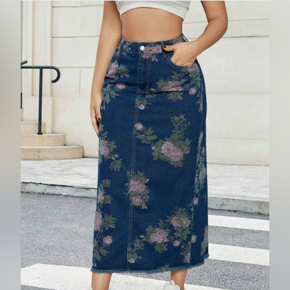 Floral Print Raw Hem Back Split Denim Skirt #A10